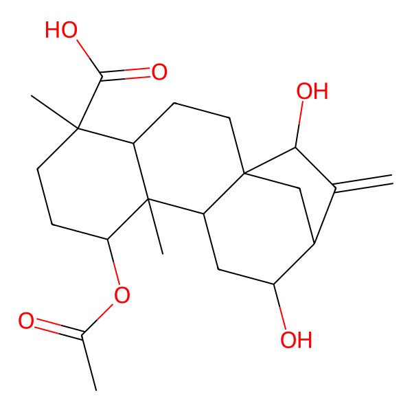 2D Structure of 8-Acetyloxy-12,15-dihydroxy-5,9-dimethyl-14-methylidenetetracyclo[11.2.1.01,10.04,9]hexadecane-5-carboxylic acid