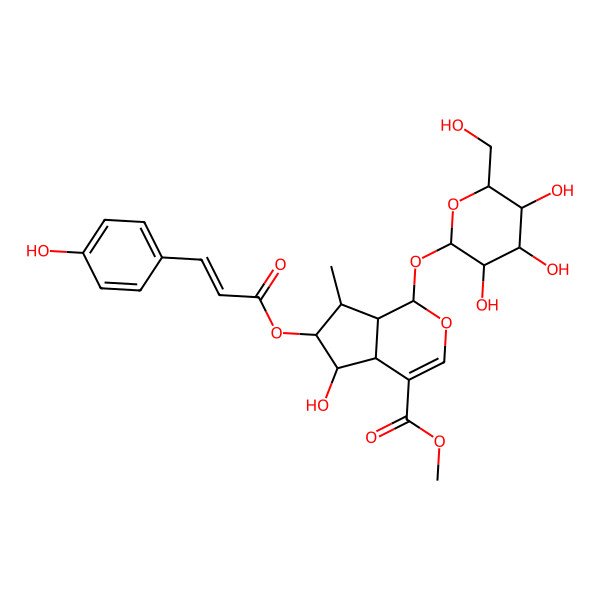 2D Structure of Methyl 5-hydroxy-6-[3-(4-hydroxyphenyl)prop-2-enoyloxy]-7-methyl-1-[3,4,5-trihydroxy-6-(hydroxymethyl)oxan-2-yl]oxy-1,4a,5,6,7,7a-hexahydrocyclopenta[c]pyran-4-carboxylate