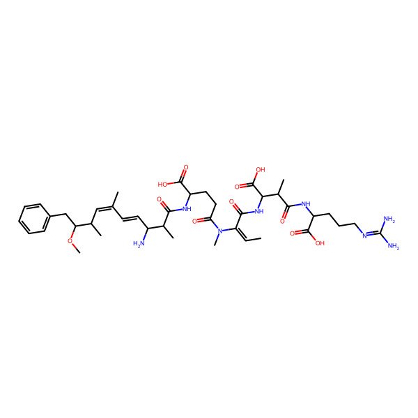 2D Structure of (2R,3S)-2-[[(Z)-2-[[(4R)-4-[[(2S,3S,4E,6E,8S,9S)-3-amino-9-methoxy-2,6,8-trimethyl-10-phenyldeca-4,6-dienoyl]amino]-4-carboxybutanoyl]-methylamino]but-2-enoyl]amino]-4-[[(1S)-1-carboxy-4-(diaminomethylideneamino)butyl]amino]-3-methyl-4-oxobutanoic acid