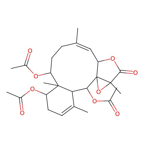 2D Structure of (2,7-Diacetyloxy-4,8,12,17-tetramethyl-16-oxo-15,18-dioxatetracyclo[12.4.0.01,17.03,8]octadeca-4,12-dien-9-yl) acetate