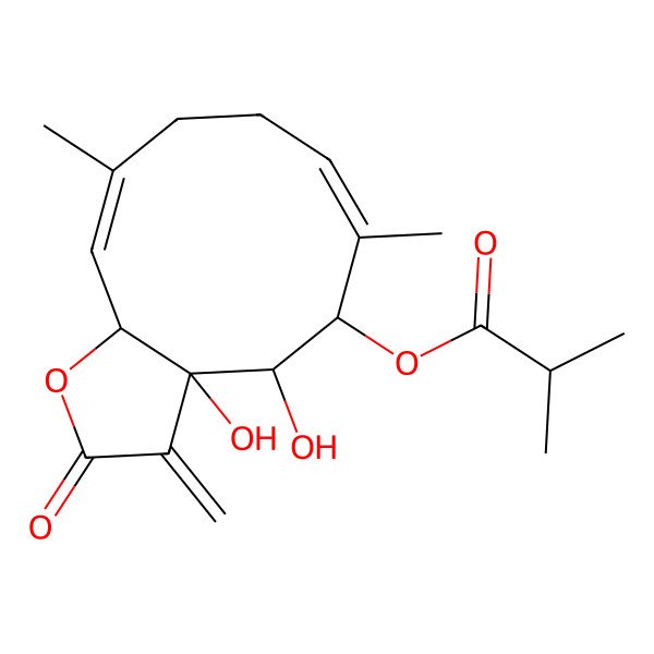 2D Structure of [(4S,5R,6Z,10E,11aR)-3a,4-dihydroxy-6,10-dimethyl-3-methylidene-2-oxo-5,8,9,11a-tetrahydro-4H-cyclodeca[b]furan-5-yl] 2-methylpropanoate