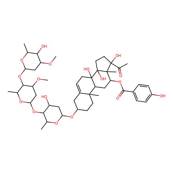 2D Structure of [17-Acetyl-8,14,17-trihydroxy-3-[4-hydroxy-5-[5-(5-hydroxy-4-methoxy-6-methyloxan-2-yl)oxy-4-methoxy-6-methyloxan-2-yl]oxy-6-methyloxan-2-yl]oxy-10,13-dimethyl-1,2,3,4,7,9,11,12,15,16-decahydrocyclopenta[a]phenanthren-12-yl] 4-hydroxybenzoate