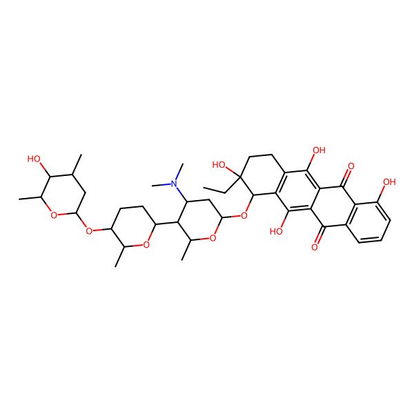 2D Structure of 10-[4-(dimethylamino)-5-[5-(5-hydroxy-4,6-dimethyloxan-2-yl)oxy-6-methyloxan-2-yl]-6-methyloxan-2-yl]oxy-9-ethyl-4,6,9,11-tetrahydroxy-8,10-dihydro-7H-tetracene-5,12-dione