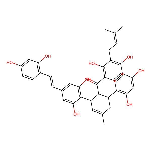 2D Structure of (2,4-Dihydroxy-3-(3-methyl-2-buten-1-yl)phenyl)((1R,2S,6S)-6-(2,4-dihydroxyphenyl)-2-(4-((1E)-2-(2,4-dihydroxyphenyl)ethenyl)-2,6-dihydroxyphenyl)-4-methyl-3-cyclohexen-1-yl)methanone