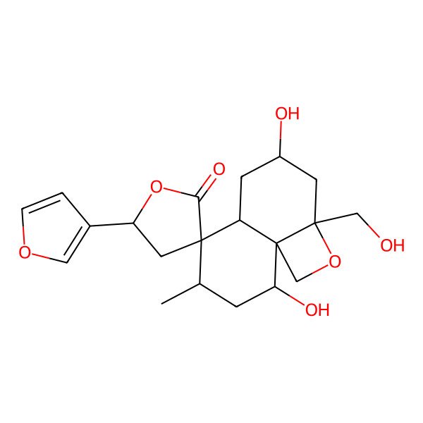 2D Structure of 5'-(Furan-3-yl)-4,9-dihydroxy-2a-(hydroxymethyl)-7-methylspiro[1,3,4,5,5a,7,8,9-octahydronaphtho[1,8a-b]oxete-6,3'-oxolane]-2'-one