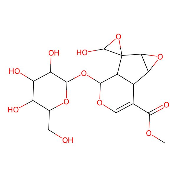 2D Structure of methyl (1S,2S,3'S,4S,5R,6S,7S)-3'-hydroxy-7-[(2S,3R,4S,5S,6R)-3,4,5-trihydroxy-6-(hydroxymethyl)oxan-2-yl]oxyspiro[3,8-dioxatricyclo[4.4.0.02,4]dec-9-ene-5,2'-oxirane]-10-carboxylate