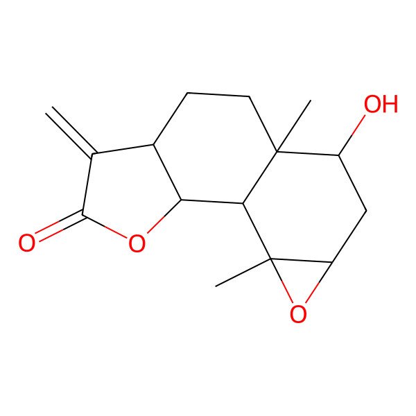 2D Structure of (1S,2S,6S,9R,10R,12R,14S)-10-hydroxy-9,14-dimethyl-5-methylidene-3,13-dioxatetracyclo[7.5.0.02,6.012,14]tetradecan-4-one
