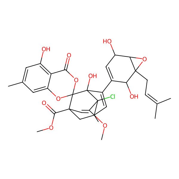 2D Structure of Methyl 7'-chloro-4'-[2,5-dihydroxy-1-(3-methylbut-2-enyl)-7-oxabicyclo[4.1.0]hept-3-en-3-yl]-3',5-dihydroxy-8'-methoxy-6',7-dimethyl-4-oxospiro[1,3-benzodioxine-2,2'-tricyclo[4.3.1.03,7]deca-4,8-diene]-1'-carboxylate