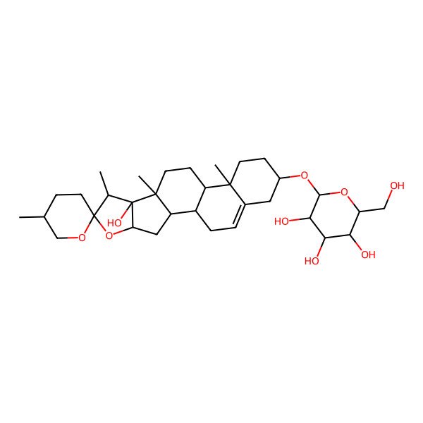 2D Structure of 2-(Hydroxymethyl)-6-(8-hydroxy-5',7,9,13-tetramethylspiro[5-oxapentacyclo[10.8.0.02,9.04,8.013,18]icos-18-ene-6,2'-oxane]-16-yl)oxyoxane-3,4,5-triol