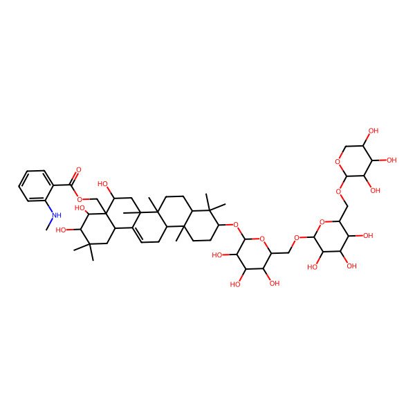2D Structure of [(3R,4R,4aR,5S,6aR,6aS,6bR,8aR,10S,12aR,14bS)-3,4,5-trihydroxy-2,2,6a,6b,9,9,12a-heptamethyl-10-[(2R,3R,4S,5S,6R)-3,4,5-trihydroxy-6-[[(2R,3R,4S,5S,6R)-3,4,5-trihydroxy-6-[[(2S,3R,4S,5R)-3,4,5-trihydroxyoxan-2-yl]oxymethyl]oxan-2-yl]oxymethyl]oxan-2-yl]oxy-1,3,4,5,6,6a,7,8,8a,10,11,12,13,14b-tetradecahydropicen-4a-yl]methyl 2-(methylamino)benzoate