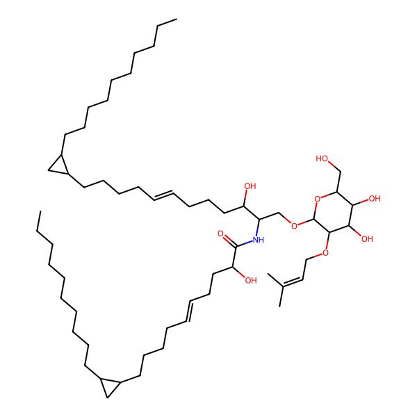 2D Structure of 10-(2-decylcyclopropyl)-N-[12-(2-decylcyclopropyl)-1-[4,5-dihydroxy-6-(hydroxymethyl)-3-(3-methylbut-2-enoxy)oxan-2-yl]oxy-3-hydroxydodec-7-en-2-yl]-2-hydroxydec-5-enamide
