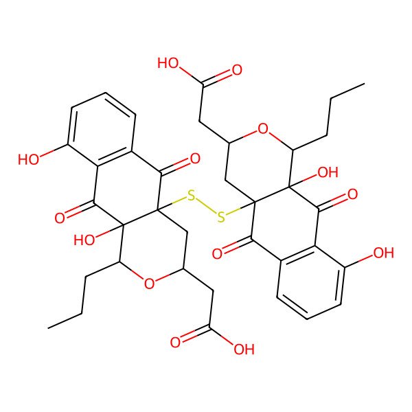 2D Structure of 2-[(1S,3S,10aR)-4a-[[(1R,3R,10aS)-3-(carboxymethyl)-9,10a-dihydroxy-5,10-dioxo-1-propyl-3,4-dihydro-1H-benzo[g]isochromen-4a-yl]disulfanyl]-9,10a-dihydroxy-5,10-dioxo-1-propyl-3,4-dihydro-1H-benzo[g]isochromen-3-yl]acetic acid
