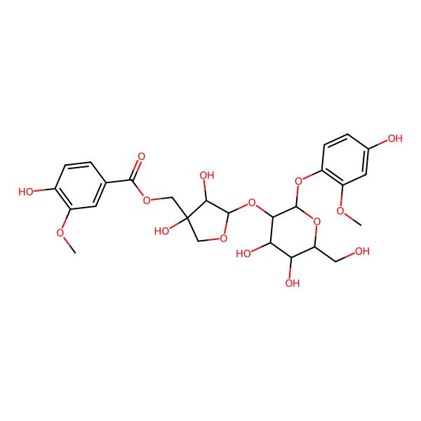 2D Structure of [(3S,4R,5S)-5-[(2S,3R,4S,5S,6R)-4,5-dihydroxy-2-(4-hydroxy-2-methoxyphenoxy)-6-(hydroxymethyl)oxan-3-yl]oxy-3,4-dihydroxyoxolan-3-yl]methyl 4-hydroxy-3-methoxybenzoate