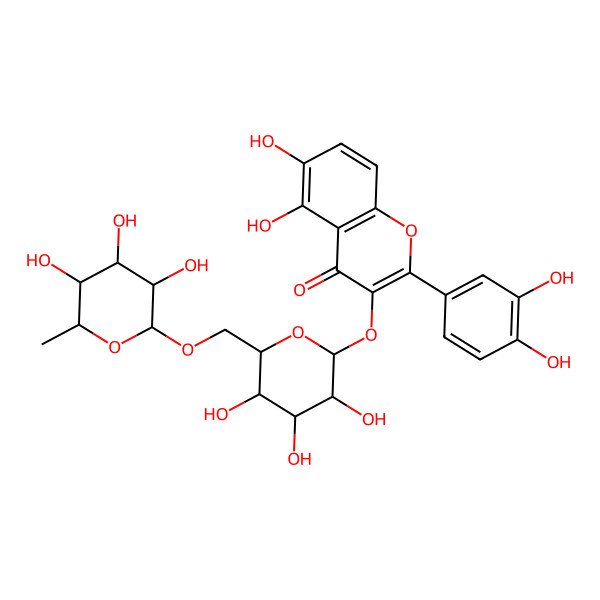 2D Structure of 2-(3,4-Dihydroxyphenyl)-5,6-dihydroxy-3-[3,4,5-trihydroxy-6-[(3,4,5-trihydroxy-6-methyloxan-2-yl)oxymethyl]oxan-2-yl]oxychromen-4-one