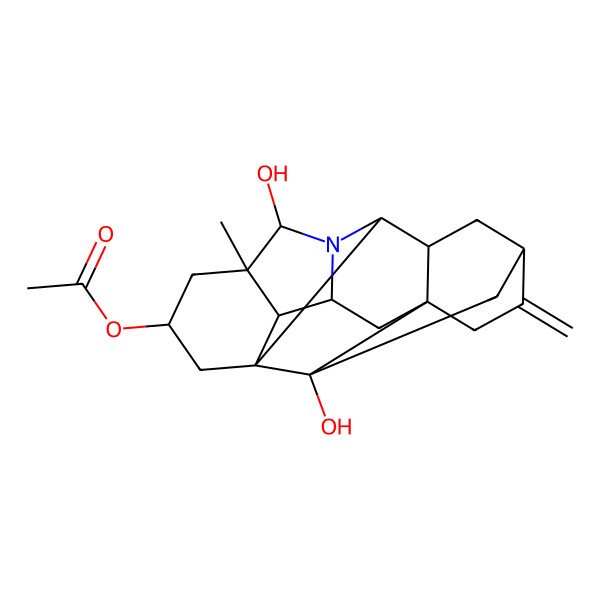 2D Structure of (6,18-Dihydroxy-5-methyl-12-methylidene-7-azaheptacyclo[9.6.2.01,8.05,17.07,16.09,14.014,18]nonadecan-3-yl) acetate