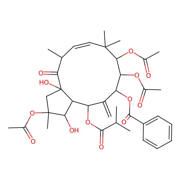 2D Structure of [(1R,2R,3aR,5S,6E,9S,10S,11S,13R,13aR)-2,9,10-triacetyloxy-1,3a-dihydroxy-2,5,8,8-tetramethyl-12-methylidene-13-(2-methylpropanoyloxy)-4-oxo-1,3,5,9,10,11,13,13a-octahydrocyclopenta[12]annulen-11-yl] benzoate