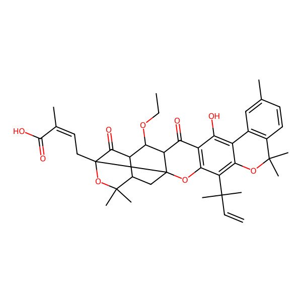 2D Structure of 4-[11-Ethoxy-15-hydroxy-6,6,19,23,23-pentamethyl-26-(2-methylbut-3-en-2-yl)-9,13-dioxo-2,7,24-trioxaheptacyclo[12.12.0.03,8.03,12.05,10.016,25.017,22]hexacosa-1(14),15,17(22),18,20,25-hexaen-8-yl]-2-methylbut-2-enoic acid