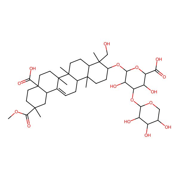 2D Structure of (2S,3S,4S,5R,6R)-6-[[(3S,4R,4aR,6aR,6bS,8aR,11S,12aS,14aR,14bR)-8a-carboxy-4-(hydroxymethyl)-11-methoxycarbonyl-4,6a,6b,11,14b-pentamethyl-1,2,3,4a,5,6,7,8,9,10,12,12a,14,14a-tetradecahydropicen-3-yl]oxy]-3,5-dihydroxy-4-[(2S,3R,4S,5R)-3,4,5-trihydroxyoxan-2-yl]oxyoxane-2-carboxylic acid