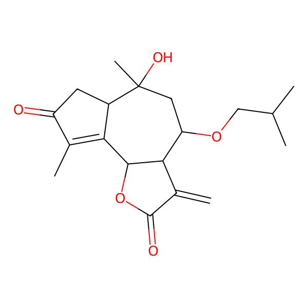 2D Structure of 6-Hydroxy-6,9-dimethyl-3-methylidene-4-(2-methylpropoxy)-3a,4,5,6a,7,9b-hexahydroazuleno[4,5-b]furan-2,8-dione