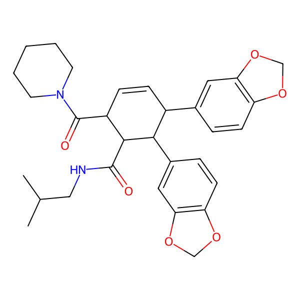2D Structure of 5,6-bis(1,3-benzodioxol-5-yl)-N-(2-methylpropyl)-2-(piperidine-1-carbonyl)cyclohex-3-ene-1-carboxamide