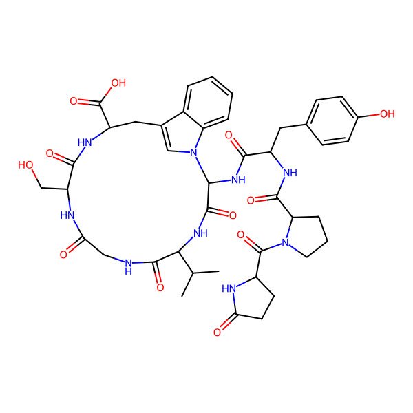 2D Structure of (2R,5S,11S,14R)-11-(hydroxymethyl)-2-[[(2R)-3-(4-hydroxyphenyl)-2-[[(2S)-1-[(2R)-5-oxopyrrolidine-2-carbonyl]pyrrolidine-2-carbonyl]amino]propanoyl]amino]-3,6,9,12-tetraoxo-5-propan-2-yl-1,4,7,10,13-pentazatricyclo[14.6.1.017,22]tricosa-16(23),17,19,21-tetraene-14-carboxylic acid