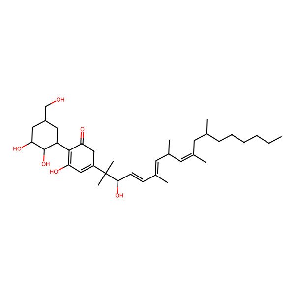 2D Structure of 2-[(1S,2S,3S,5S)-2,3-dihydroxy-5-(hydroxymethyl)cyclohexyl]-3-hydroxy-5-[(3S,4E,6E,8R,9Z,12S)-3-hydroxy-2,6,8,10,12-pentamethyloctadeca-4,6,9-trien-2-yl]cyclohexa-2,4-dien-1-one