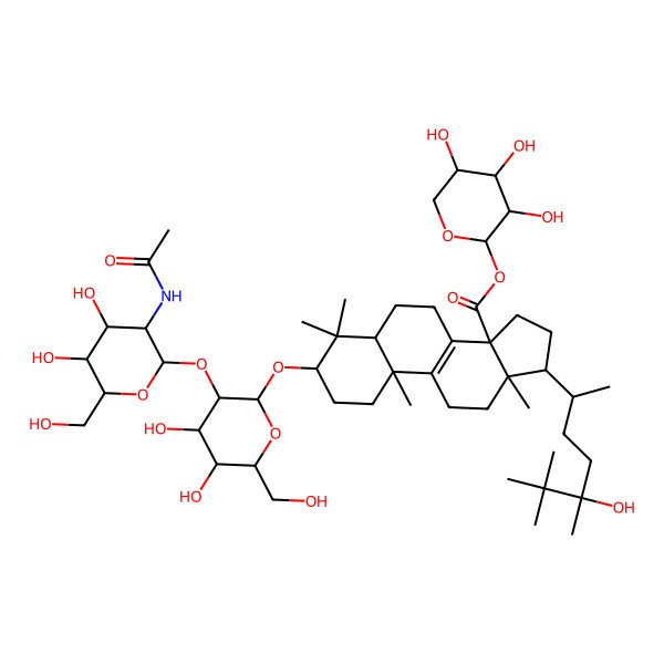 2D Structure of [(2S,3R,4S,5R)-3,4,5-trihydroxyoxan-2-yl] (3S,5R,10S,13R,14S,17R)-3-[(2R,3R,4S,5R,6R)-3-[(2S,3R,4R,5S,6R)-3-acetamido-4,5-dihydroxy-6-(hydroxymethyl)oxan-2-yl]oxy-4,5-dihydroxy-6-(hydroxymethyl)oxan-2-yl]oxy-17-[(2R,5R)-5-hydroxy-5,6,6-trimethylheptan-2-yl]-4,4,10,13-tetramethyl-2,3,5,6,7,11,12,15,16,17-decahydro-1H-cyclopenta[a]phenanthrene-14-carboxylate