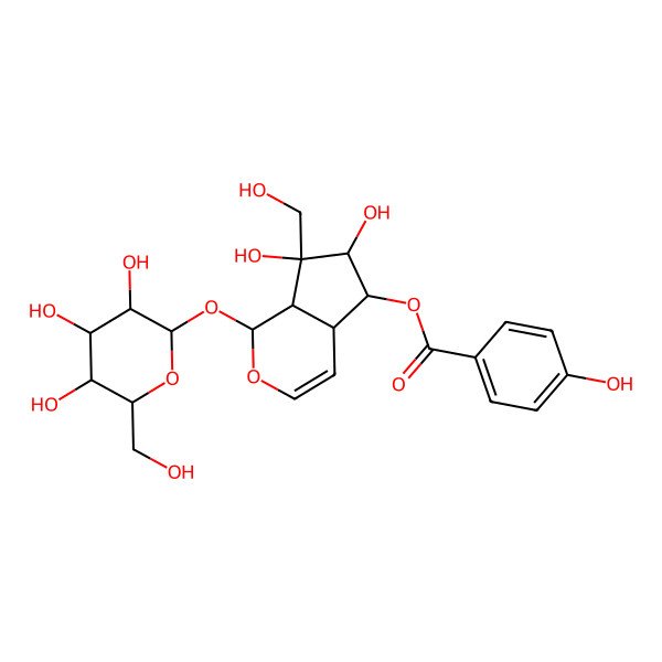 2D Structure of [6,7-dihydroxy-7-(hydroxymethyl)-1-[3,4,5-trihydroxy-6-(hydroxymethyl)oxan-2-yl]oxy-4a,5,6,7a-tetrahydro-1H-cyclopenta[c]pyran-5-yl] 4-hydroxybenzoate