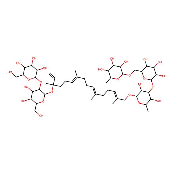 2D Structure of (1S,4E,8E,12Z)-14-[(O-6-Deoxy-alpha-L-mannopyranosyl-(1-->6)-O-beta-D-glucopyranosyl-(1-->3)-6-deoxy-alpha-L-mannopyranosyl)oxy]-1-ethenyl-1,5,9,13-tetramethyl-4,8,12-tetradecatrien-1-yl 2-O-beta-D-glucopyranosyl-beta-D-glucopyranoside