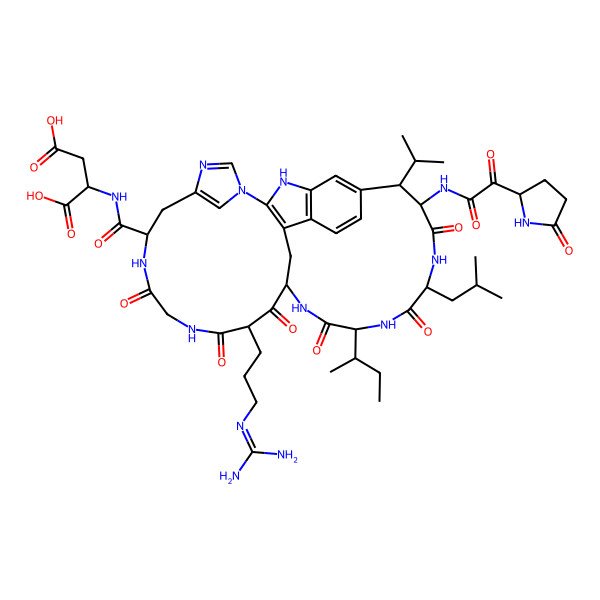 2D Structure of 2-[[(10S,16S,21S,24S,27S,28R)-21-butan-2-yl-16-[3-(diaminomethylideneamino)propyl]-24-(2-methylpropyl)-12,15,17,20,23,26-hexaoxo-27-[[2-oxo-2-[(2S)-5-oxopyrrolidin-2-yl]acetyl]amino]-28-propan-2-yl-3,5,7,11,14,19,22,25-octazapentacyclo[16.13.2.12,29.15,8.04,32]pentatriaconta-1,4(32),6,8(35),29(34),30-hexaene-10-carbonyl]amino]butanedioic acid