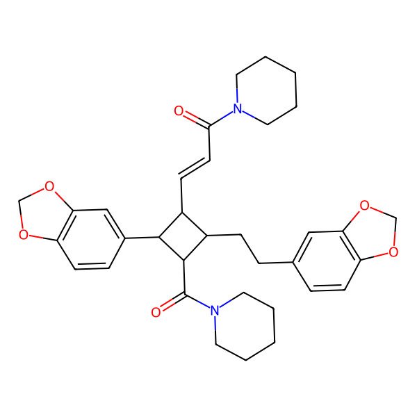 2D Structure of 3-[2-(1,3-Benzodioxol-5-yl)-4-[2-(1,3-benzodioxol-5-yl)ethyl]-3-(piperidine-1-carbonyl)cyclobutyl]-1-piperidin-1-ylprop-2-en-1-one