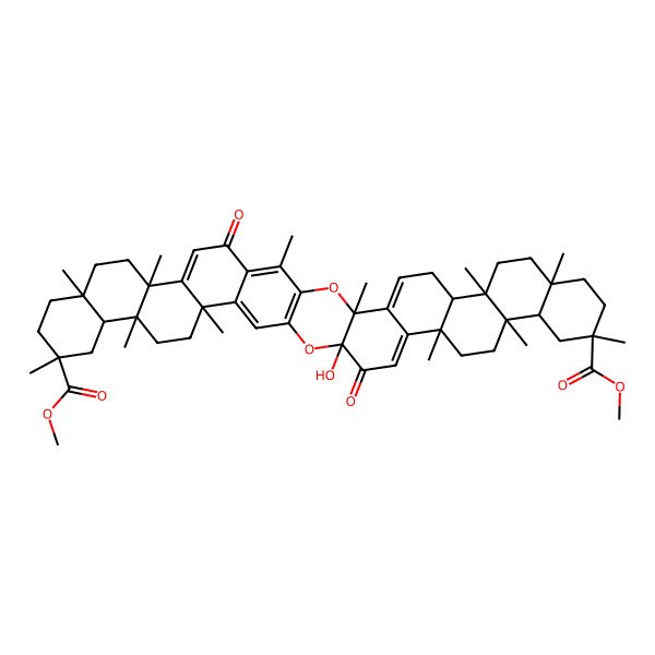 2D Structure of Dimethyl 24-hydroxy-3,8,11,14,17,20,29,32,35,38,41,46-dodecamethyl-23,44-dioxo-2,25-dioxaundecacyclo[24.20.0.03,24.04,21.07,20.08,17.011,16.028,45.029,42.032,41.033,38]hexatetraconta-1(26),4,21,27,42,45-hexaene-14,35-dicarboxylate