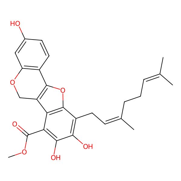 2D Structure of methyl 10-[(2E)-3,7-dimethylocta-2,6-dienyl]-3,8,9-trihydroxy-6H-[1]benzofuro[3,2-c]chromene-7-carboxylate