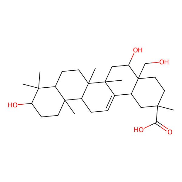 2D Structure of 5,10-Dihydroxy-4a-(hydroxymethyl)-2,6a,6b,9,9,12a-hexamethyl-1,3,4,5,6,6a,7,8,8a,10,11,12,13,14b-tetradecahydropicene-2-carboxylic acid