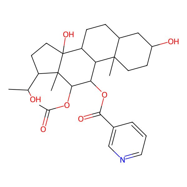2D Structure of [12-Acetyloxy-3,14-dihydroxy-17-(1-hydroxyethyl)-10,13-dimethyl-1,2,3,4,5,6,7,8,9,11,12,15,16,17-tetradecahydrocyclopenta[a]phenanthren-11-yl] pyridine-3-carboxylate