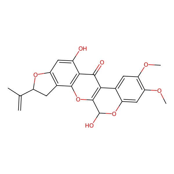 2D Structure of (6S,21S)-10,21-dihydroxy-16,17-dimethoxy-6-prop-1-en-2-yl-2,7,20-trioxapentacyclo[11.8.0.03,11.04,8.014,19]henicosa-1(13),3(11),4(8),9,14,16,18-heptaen-12-one