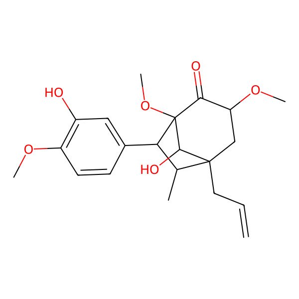 2D Structure of (1S,3S,5S,6R,7S,8S)-8-hydroxy-7-(3-hydroxy-4-methoxyphenyl)-1,3-dimethoxy-6-methyl-5-prop-2-enylbicyclo[3.2.1]octan-2-one