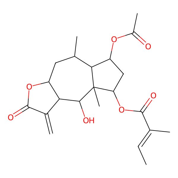 2D Structure of (6-acetyloxy-9-hydroxy-5,8a-dimethyl-1-methylidene-2-oxo-4,5,5a,6,7,8,9,9a-octahydro-3aH-azuleno[6,7-b]furan-8-yl) 2-methylbut-2-enoate