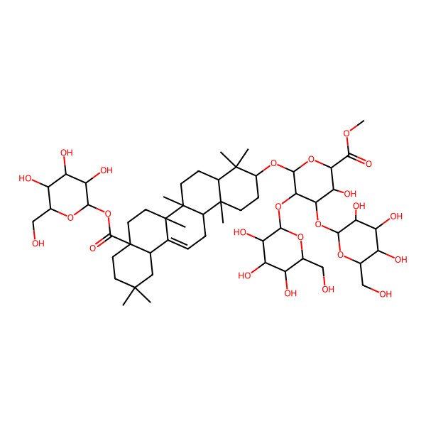 2D Structure of methyl (2S,3S,4S,5R,6R)-6-[[(3S,4aR,6aR,6bS,8aS,12aS,14aR,14bR)-4,4,6a,6b,11,11,14b-heptamethyl-8a-[(3R,4S,5S,6R)-3,4,5-trihydroxy-6-(hydroxymethyl)oxan-2-yl]oxycarbonyl-1,2,3,4a,5,6,7,8,9,10,12,12a,14,14a-tetradecahydropicen-3-yl]oxy]-3-hydroxy-4-[(2R,3S,4R,5S,6S)-3,4,5-trihydroxy-6-(hydroxymethyl)oxan-2-yl]oxy-5-[(2S,3R,4S,5S,6R)-3,4,5-trihydroxy-6-(hydroxymethyl)oxan-2-yl]oxyoxane-2-carboxylate