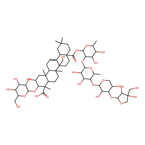 2D Structure of 8a-[3-[5-[4-[3,4-Dihydroxy-4-(hydroxymethyl)oxolan-2-yl]oxy-3,5-dihydroxyoxan-2-yl]oxy-3,4-dihydroxy-6-methyloxan-2-yl]oxy-4,5-dihydroxy-6-methyloxan-2-yl]oxycarbonyl-2-hydroxy-6b-(hydroxymethyl)-4,6a,11,11,14b-pentamethyl-3-[3,4,5-trihydroxy-6-(hydroxymethyl)oxan-2-yl]oxy-1,2,3,4a,5,6,7,8,9,10,12,12a,14,14a-tetradecahydropicene-4-carboxylic acid