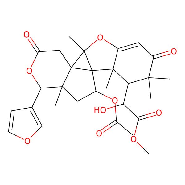 2D Structure of methyl (2R)-2-[(1S,2R,8R,9S,10S,11R,13R,14R)-11-acetyloxy-14-(furan-3-yl)-2,7,7,9,13-pentamethyl-6,16-dioxo-3,15-dioxapentacyclo[8.7.0.01,13.02,10.04,9]heptadec-4-en-8-yl]-2-hydroxyacetate