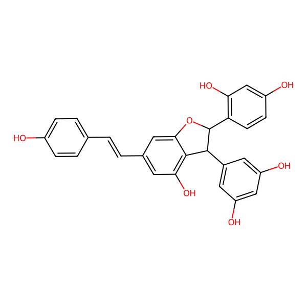 2D Structure of 4-[(2R,3R)-3-(3,5-dihydroxyphenyl)-4-hydroxy-6-[(E)-2-(4-hydroxyphenyl)ethenyl]-2,3-dihydro-1-benzofuran-2-yl]benzene-1,3-diol