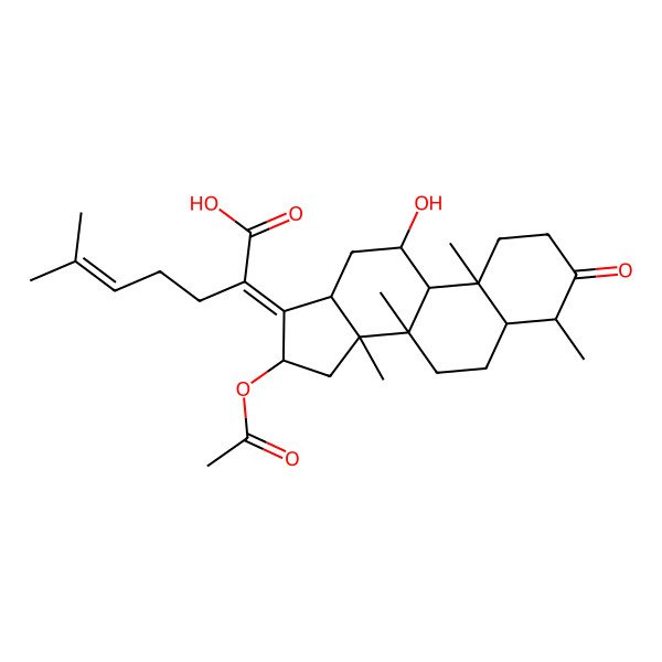 2D Structure of 2-[(4R,5S,8S,9S,10S,11R,13R,14S,16S)-16-acetyloxy-11-hydroxy-4,8,10,14-tetramethyl-3-oxo-1,2,4,5,6,7,9,11,12,13,15,16-dodecahydrocyclopenta[a]phenanthren-17-ylidene]-6-methylhept-5-enoic acid