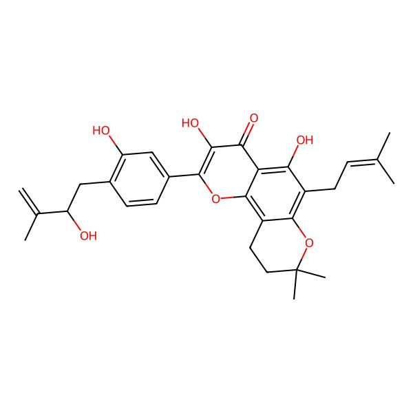 2D Structure of 3,5-Dihydroxy-2-[3-hydroxy-4-(2-hydroxy-3-methylbut-3-enyl)phenyl]-8,8-dimethyl-6-(3-methylbut-2-enyl)-9,10-dihydropyrano[2,3-h]chromen-4-one