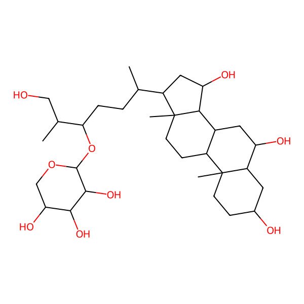 2D Structure of (2S,3R,4S,5R)-2-[(2R,3S,6R)-1-hydroxy-2-methyl-6-[(3S,5S,6R,8R,9S,10R,13R,14S,15S,17R)-3,6,15-trihydroxy-10,13-dimethyl-2,3,4,5,6,7,8,9,11,12,14,15,16,17-tetradecahydro-1H-cyclopenta[a]phenanthren-17-yl]heptan-3-yl]oxyoxane-3,4,5-triol