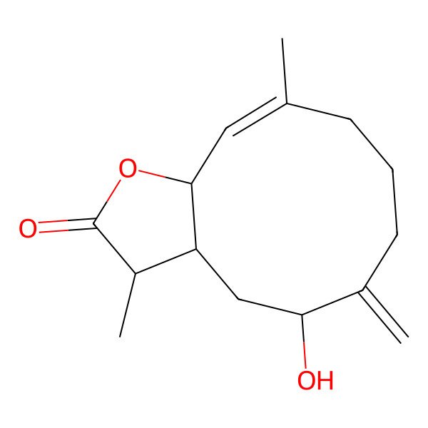 2D Structure of (3S,3aS,5S,10E,11aR)-5-hydroxy-3,10-dimethyl-6-methylidene-3,3a,4,5,7,8,9,11a-octahydrocyclodeca[b]furan-2-one