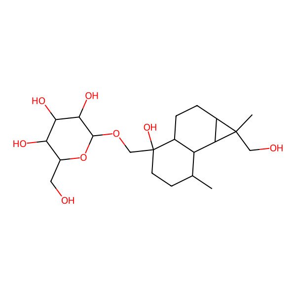 2D Structure of 2-[[4-hydroxy-1-(hydroxymethyl)-1,7-dimethyl-2,3,3a,5,6,7,7a,7b-octahydro-1aH-cyclopropa[a]naphthalen-4-yl]methoxy]-6-(hydroxymethyl)oxane-3,4,5-triol