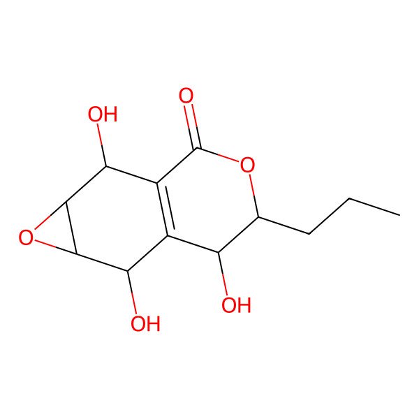 2D Structure of (1aS,2R,5R,6R,7S,7aR)-2,6,7-trihydroxy-5-propyl-1a,2,5,6,7,7a-hexahydrooxireno[2,3-g]isochromen-3-one