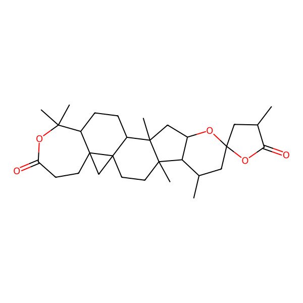 2D Structure of (1R,3'R,4R,5R,6R,8S,10R,12S,13S,16R,22R)-3',4,6,12,17,17-hexamethylspiro[9,18-dioxahexacyclo[11.10.0.01,22.04,12.05,10.016,22]tricosane-8,5'-oxolane]-2',19-dione