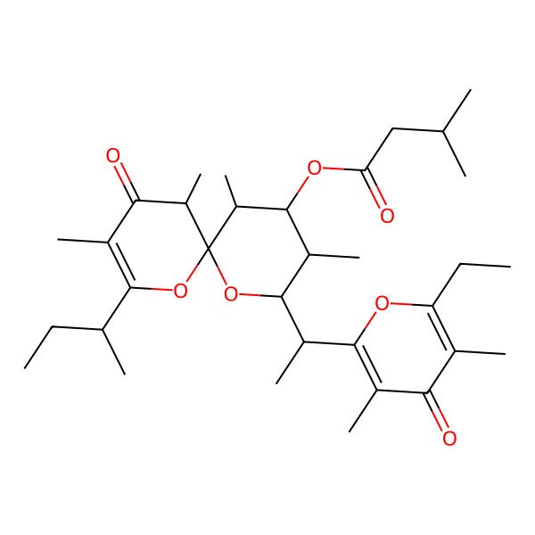 2D Structure of [2-Butan-2-yl-8-[1-(6-ethyl-3,5-dimethyl-4-oxopyran-2-yl)ethyl]-3,5,9,11-tetramethyl-4-oxo-1,7-dioxaspiro[5.5]undec-2-en-10-yl] 3-methylbutanoate